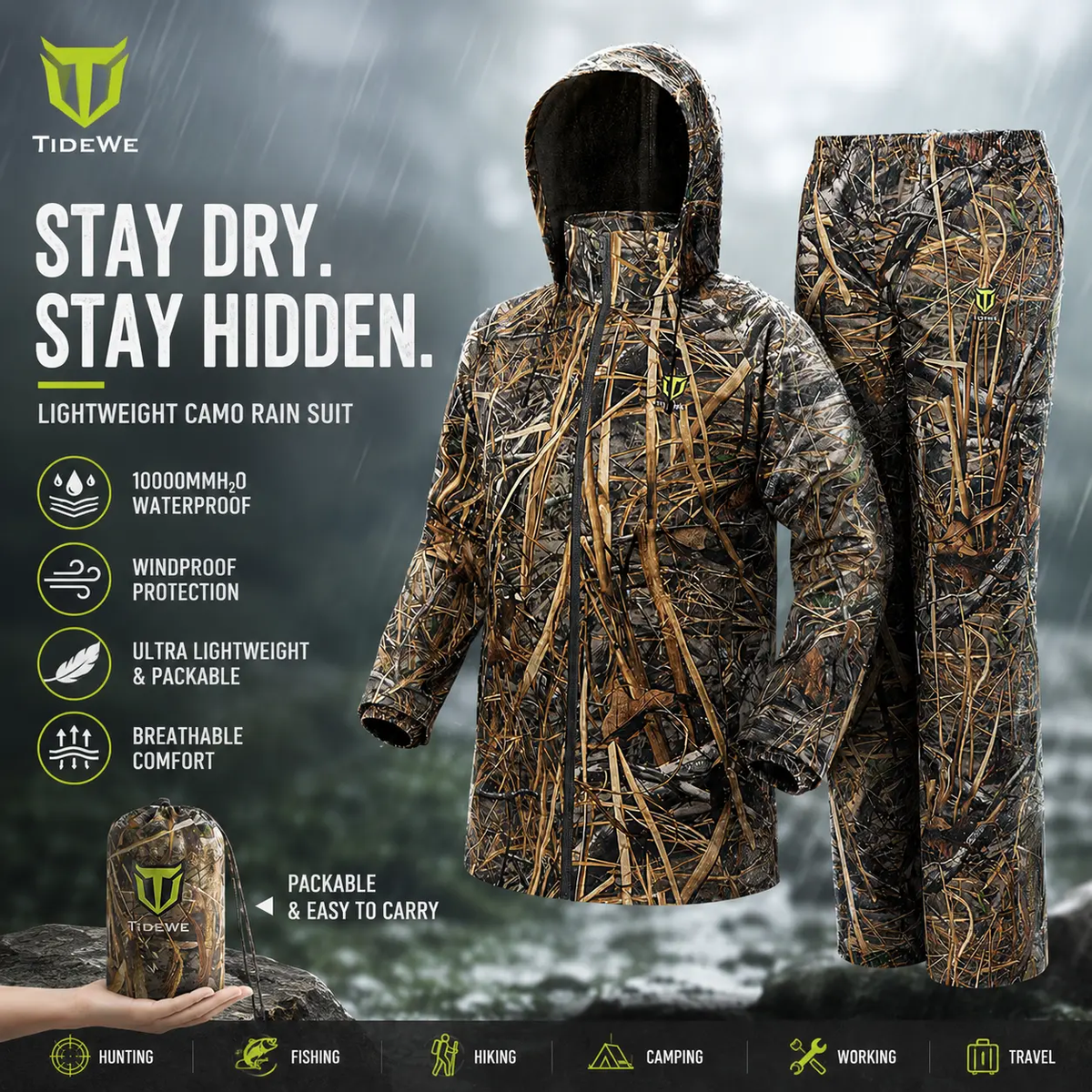 Lightweight Waterproof Rain Suit, Breathable Jacket & Pants Set